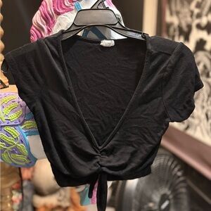 Garage Black Cap Sleeve Tie Front Crop Blouse